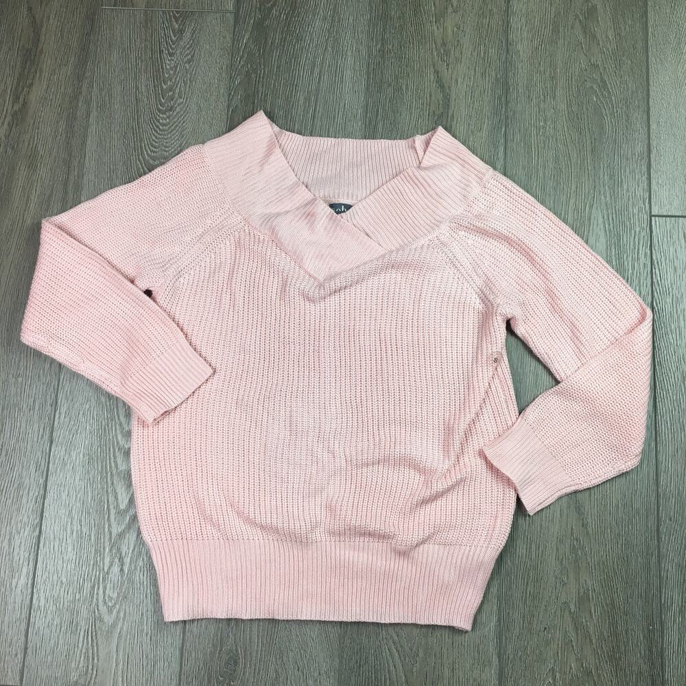 Soho Ribbed Knit Long Sleeves V-Neck Acrylic Pullover Sweater Pink Small